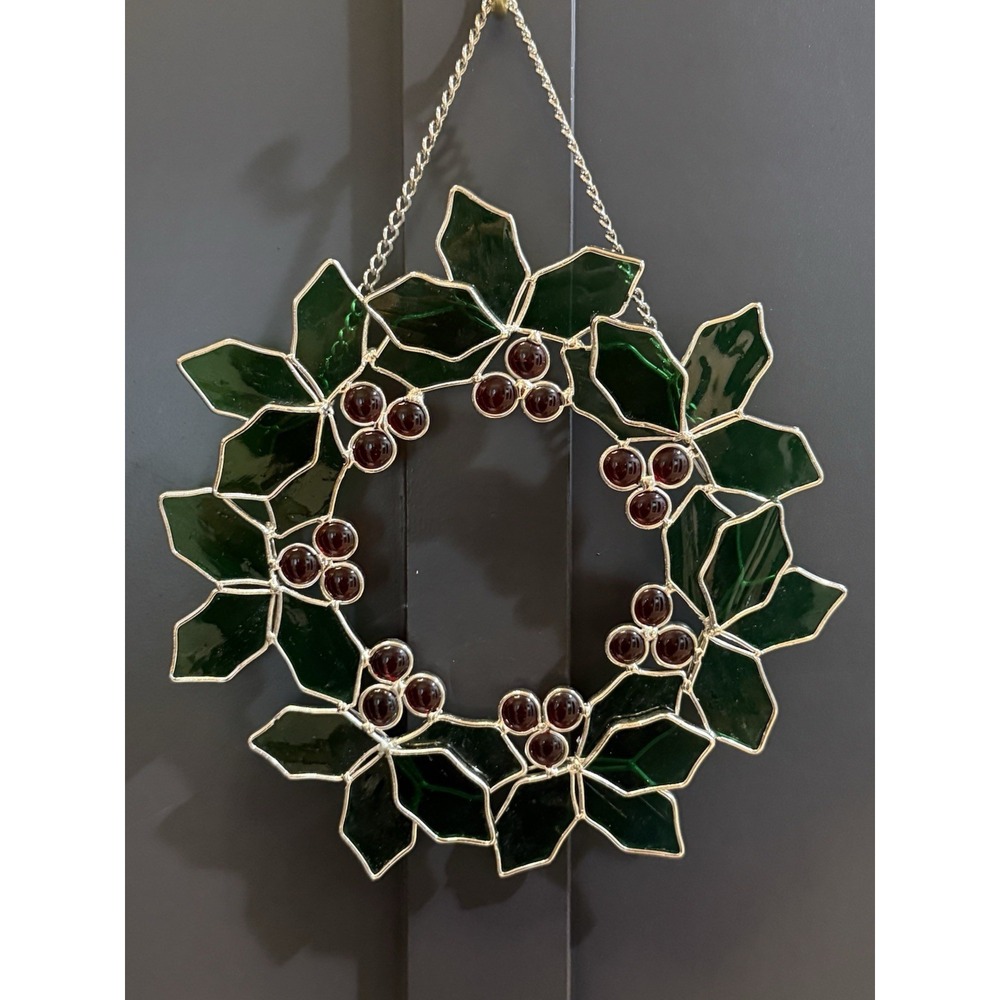 Stained Glass Christmas Holly Berry Wreath 10" Hanging Window Suncatcher